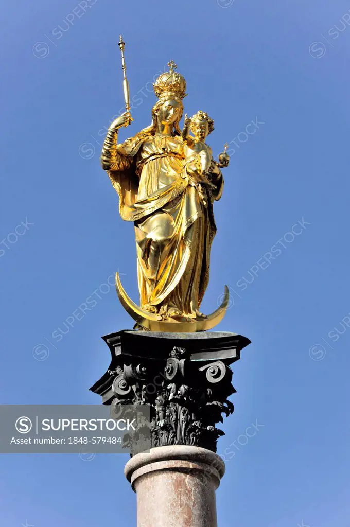 Mariensaeule, Marian Column, Marienplatz square, Munich, Bavaria, Germany, Europe