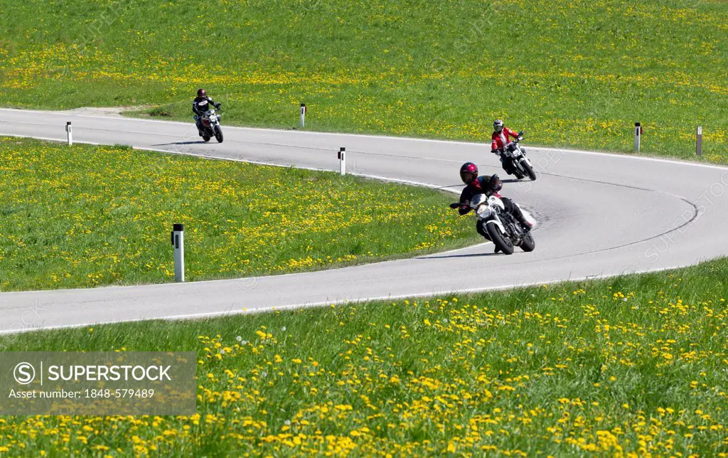 Motorcyclist driving a curve, Mostviertel, Must Quarter, Lower Austria, Austria, Europe