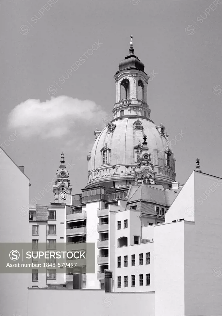 Frauenkirche, Church of Our Lady, with modern buildings, Dresden, Saxony, Germany, Europe