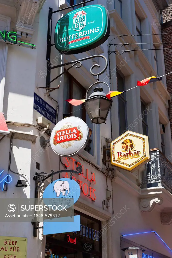 Restaurant signs for various types of beer in the Rue des Chapeliers, Brussels, Belgium, Benelux, Europe
