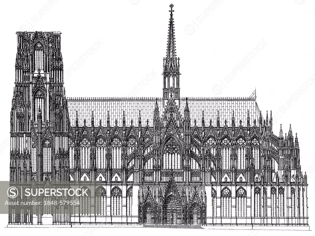 Historic illustration of Cologne Cathedral, as seen from the south, side wall, Cologne Cathedral, a Gothic cathedral, UNESCO World Heritage site, Germ...