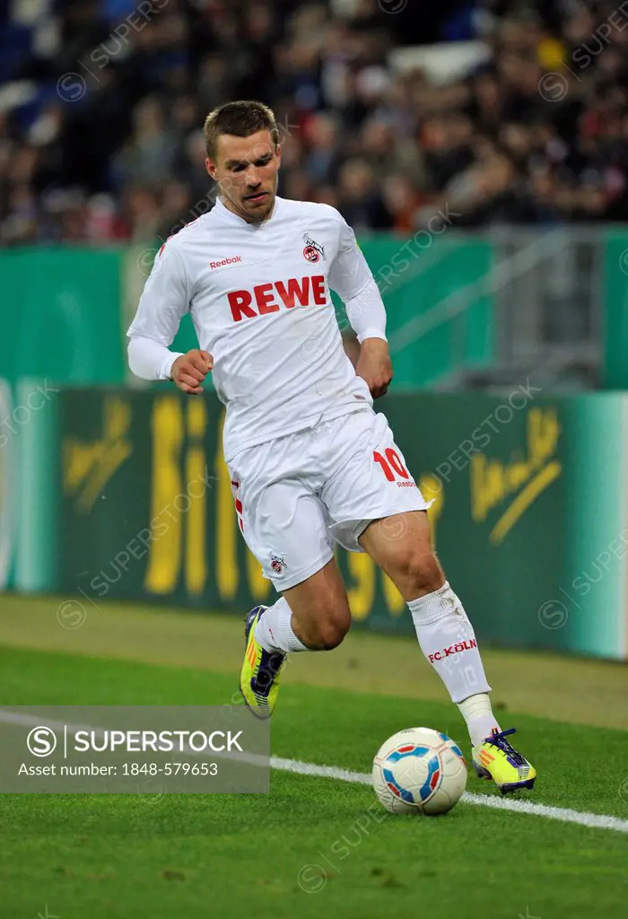 Lukas Podolski, 1. FC Koeln, on the ball, Wirsol Rhein-Neckar Arena stadium, Sinsheim Hoffenheim, Baden-Wuerttemberg, Germany, Europe