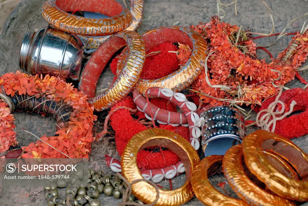 Anklets and jewelry for a Theyyam ritual, near Kasargod, North Kerala, South India, Asia