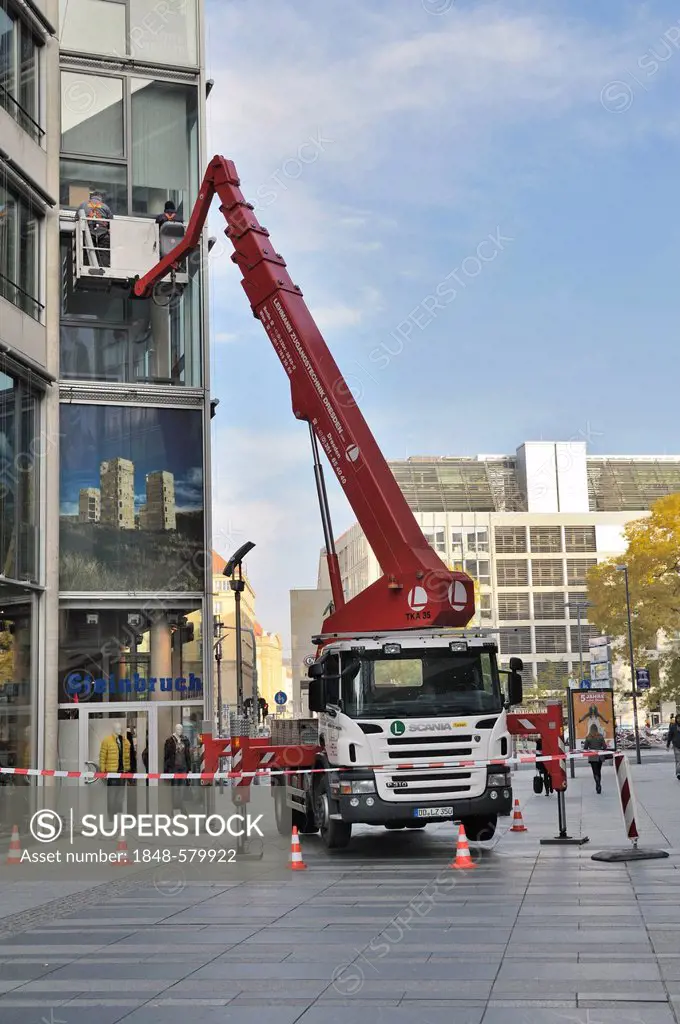 Window cleaning with a crane boom, Prager Strasse, Dresden, Saxony, Germany, Europe