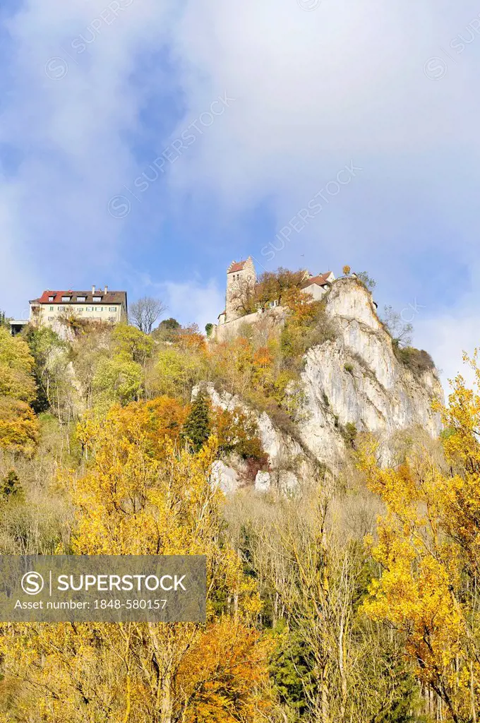 Schloss Werenwag Castle in the autumnal Upper Danube Valley, Sigmaringen district, Baden-Wuerttemberg, Germany, Europe