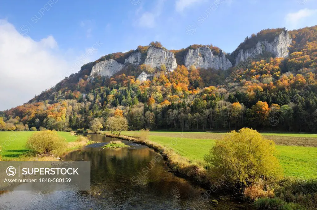 View across the Danube to Mt Hausener Zinnen in the autumnal Upper Danube Valley, Sigmaringen district, Baden-Wuerttemberg, Germany, Europe