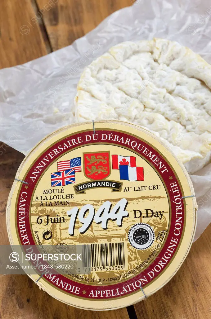 French Camembert cheese, raw milk cheese from Normandy, packaging in memory of the D-Day landings during World War II in Normandy, France, Europe