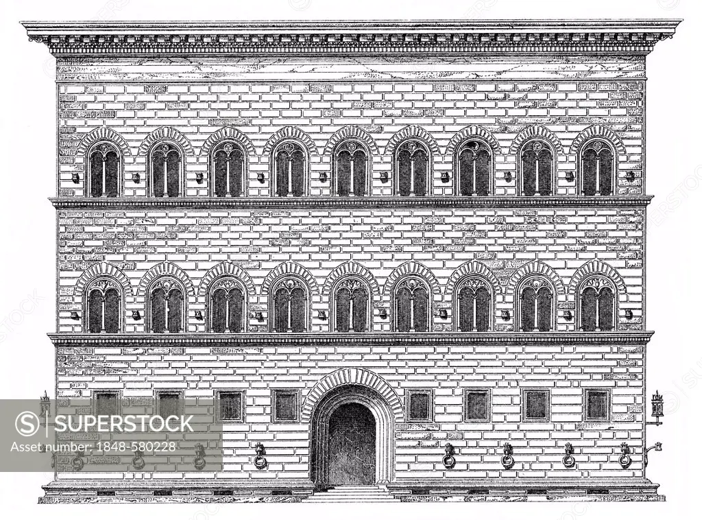 Historical graphic representation, Palazzo Strozzi, Renaissance palace in Florence, Italy, 15th Century, from Meyers Konversations-Lexikon encyclopaed...