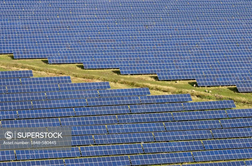 Aerial view, solar park, solar modules, open space photovoltaic plant near Sprakebuell, North Friesland district, Schleswig-Holstein, Germany, Europe