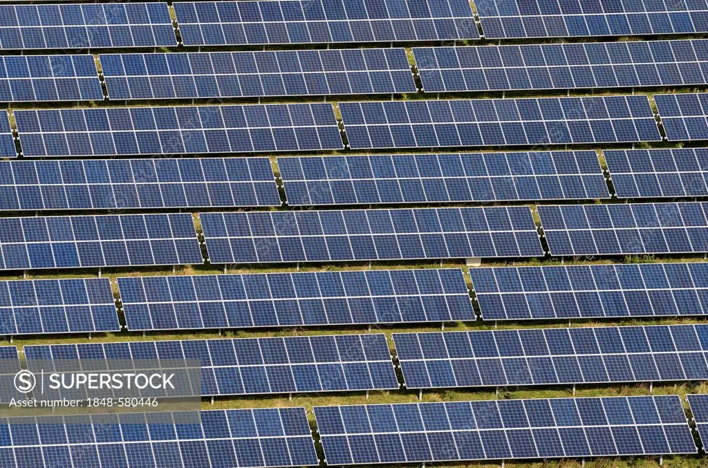 Aerial view, solar park, solar modules, open space photovoltaic plant near Sprakebuell, North Friesland district, Schleswig-Holstein, Germany, Europe