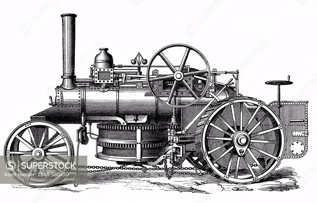 Historical graphic representation, steam plough, agricultural tractor or locomotive powered by a steam engine, 19th Century, from Meyers Konversations...