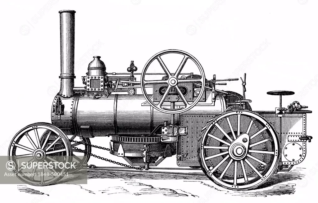 Historical graphic representation, steam plough, agricultural tractor or locomotive powered by a steam engine, 19th Century, from Meyers Konversations...