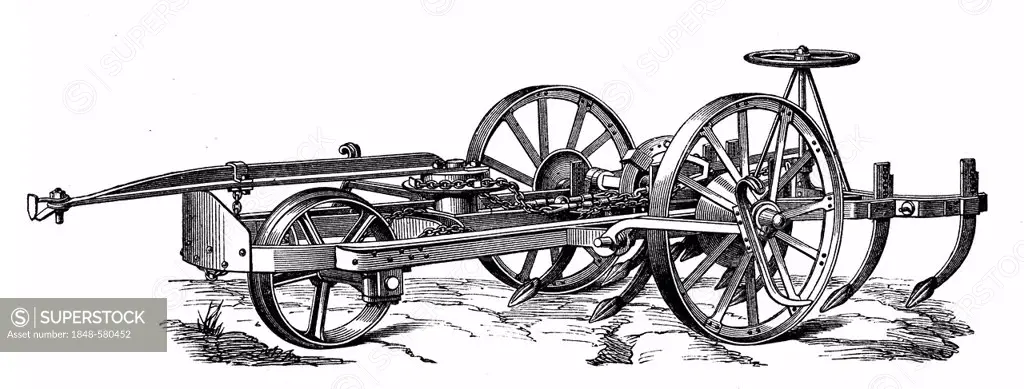 Historical graphic representation, cultivator or plough of an agricultural locomotive or tractor powered by a steam engine, dragged by a steam plough,...
