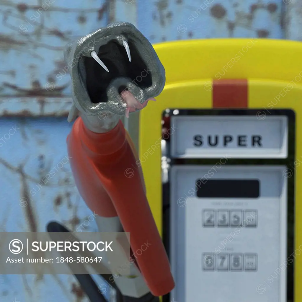 Fuel pump in shape of a snake's head, Super sign, German for Four Star petrol, symbolic