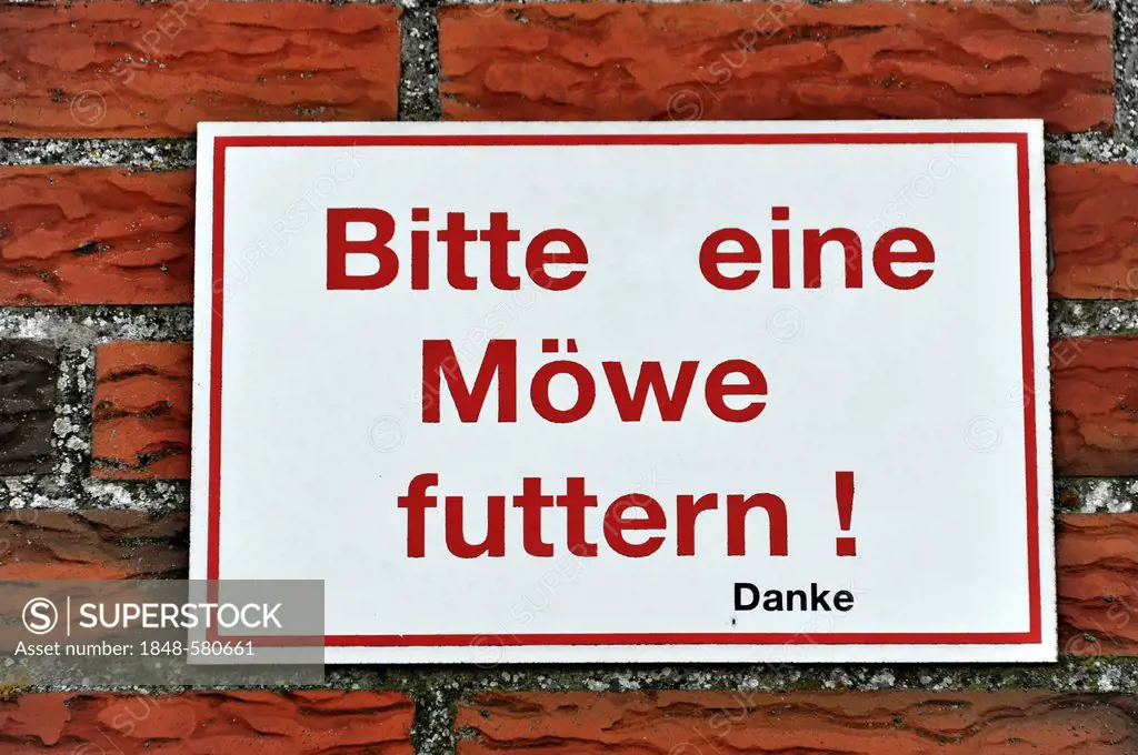 Bitte eine Moewe futtern, Please feed a seagull, altered sign at a restaurant, Eidersperrwerk, Eider Barrage, construction began in 1967, near Toennin...