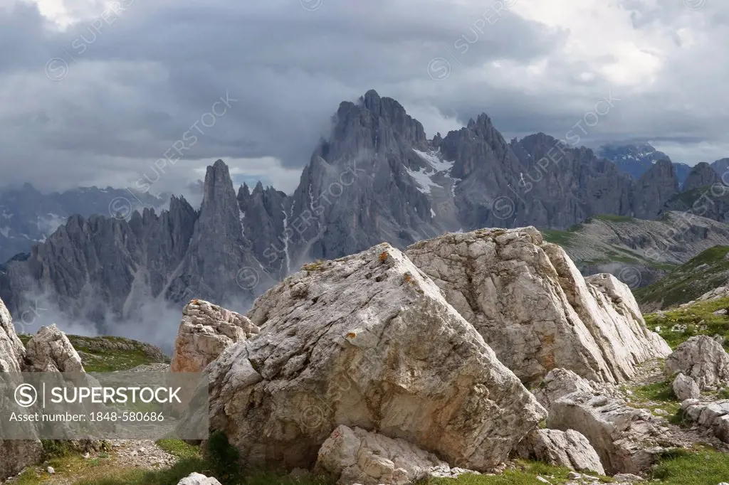 View from the foothills of Tre Cime di Lavaredo, Three Peaks range, to Mt Cima Cadini, South Tyrol, Italy, Europe