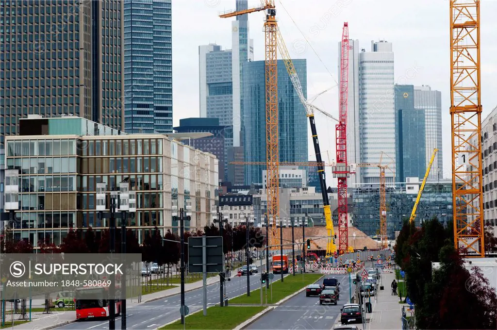 Building site, high-rise buildings with construction cranes, Frankfurt am Main, Hesse, Germany, Europe