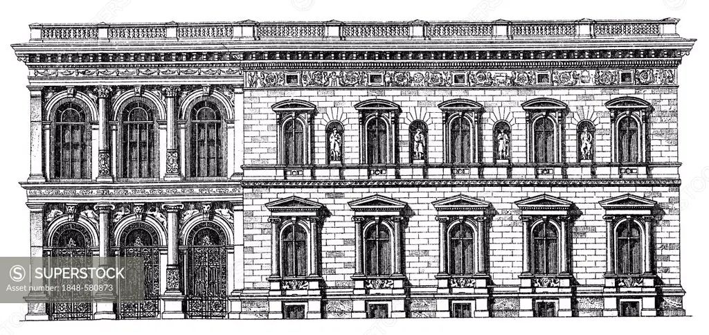 Historic illustration of a building in Berlin, Palais Borsig palace, 19th century, Meyers Konversations-Lexikon encyclopedia, 1889, Berlin, Germany, E...