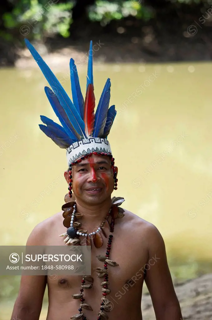Guillermo Rodriguez Gomez, shaman of the Bora Tribe, wearing macaw feather headdress worn during shamanic ceremonies, northern Amazon Basin, Peru, Sou...
