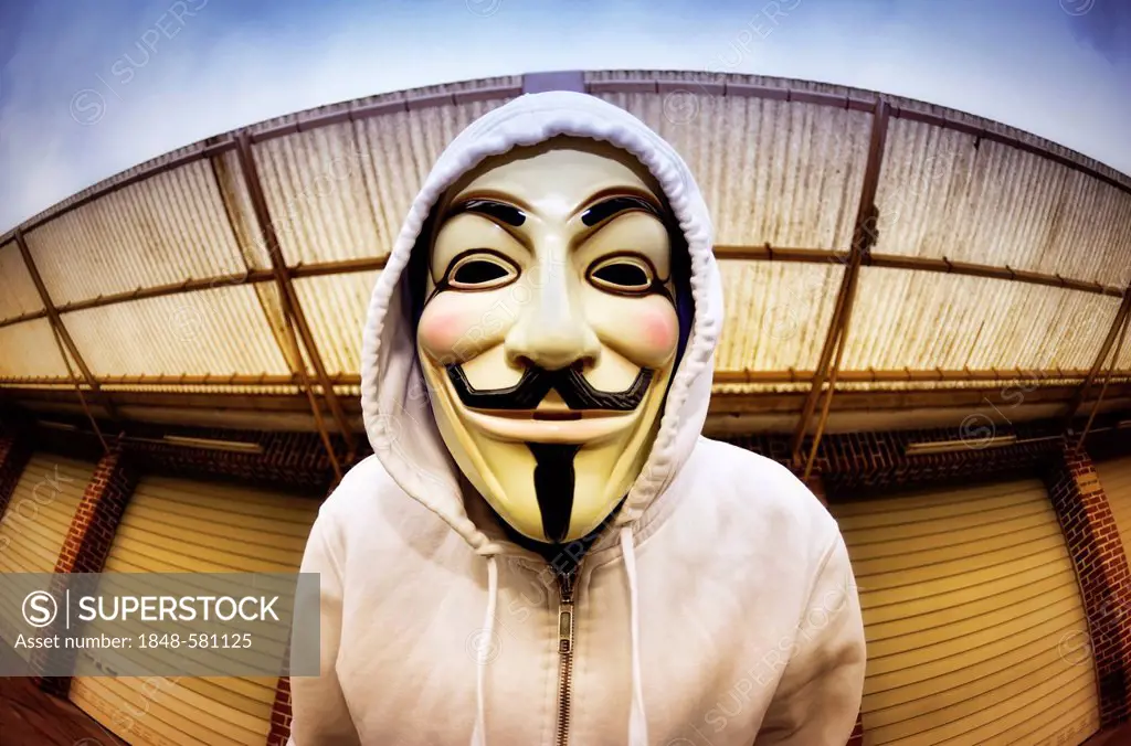 Man wearing the Guy Fawkes mask used by the Occupy movement, protesting against the power of banks