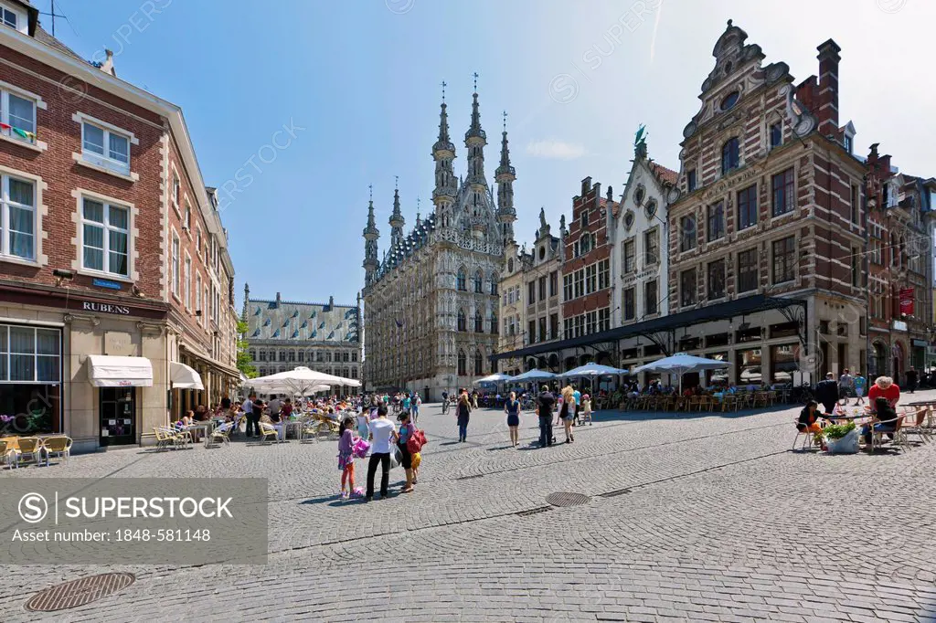 The Gothic town hall on Grote Markt square, street cafes, Leuven, Belgium, Europe