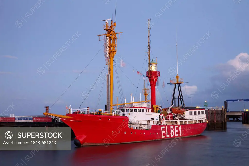 Elbe 1 lightship in the evening light, Cuxhaven, a spa town on the North Sea, Lower Saxony, Germany, Europe, PublicGround