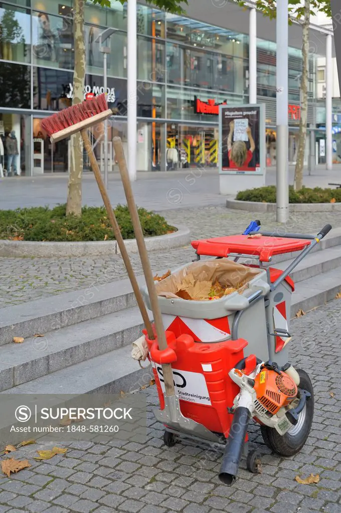 Road sweeper's cart, Prager Strasse, Dresden, Saxony, Germany, Europe