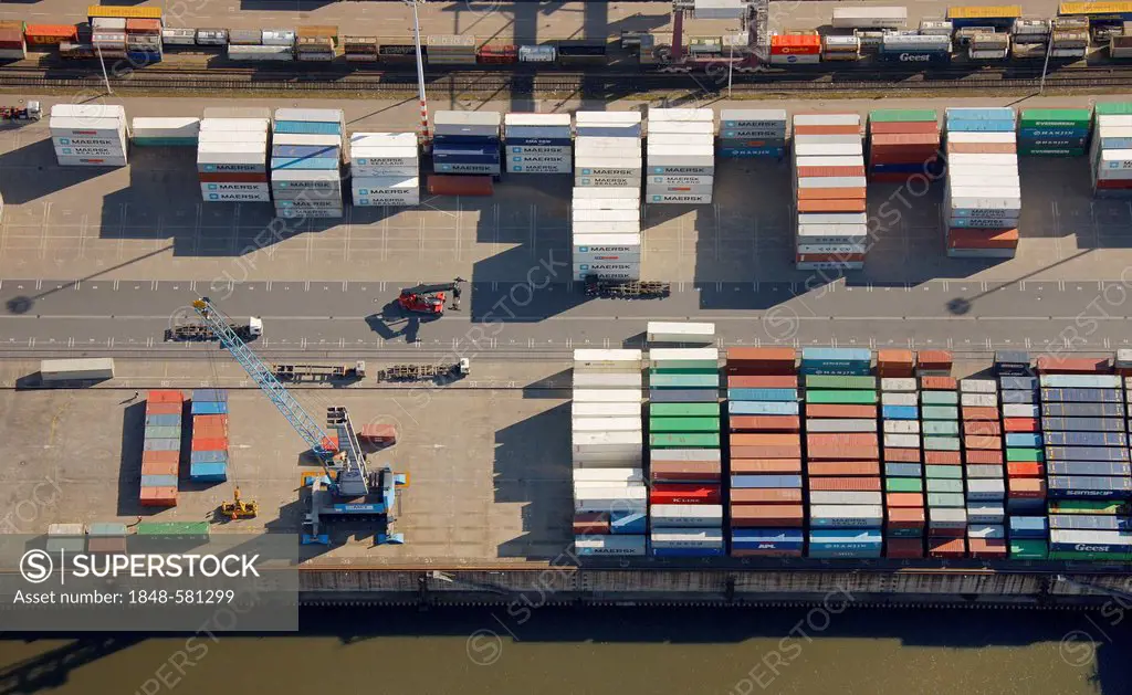 Aerial view, container storage area, port of Duisburg, Duisport, container port, coal dock, Ruhr river, Rhine, Ruhrort quarter, Duisburg, Ruhr Area, N...