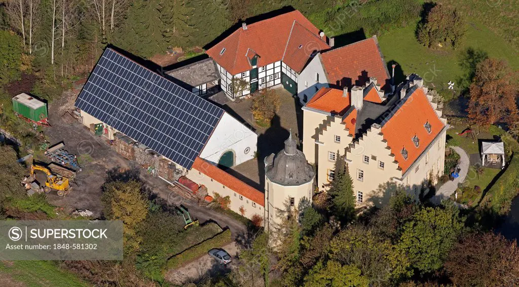 Aerial view, Haus Reck moated castle with solar panels on roof, Pelkum, Hamm, Ruhr Area, North Rhine-Westphalia, Germany, Europe