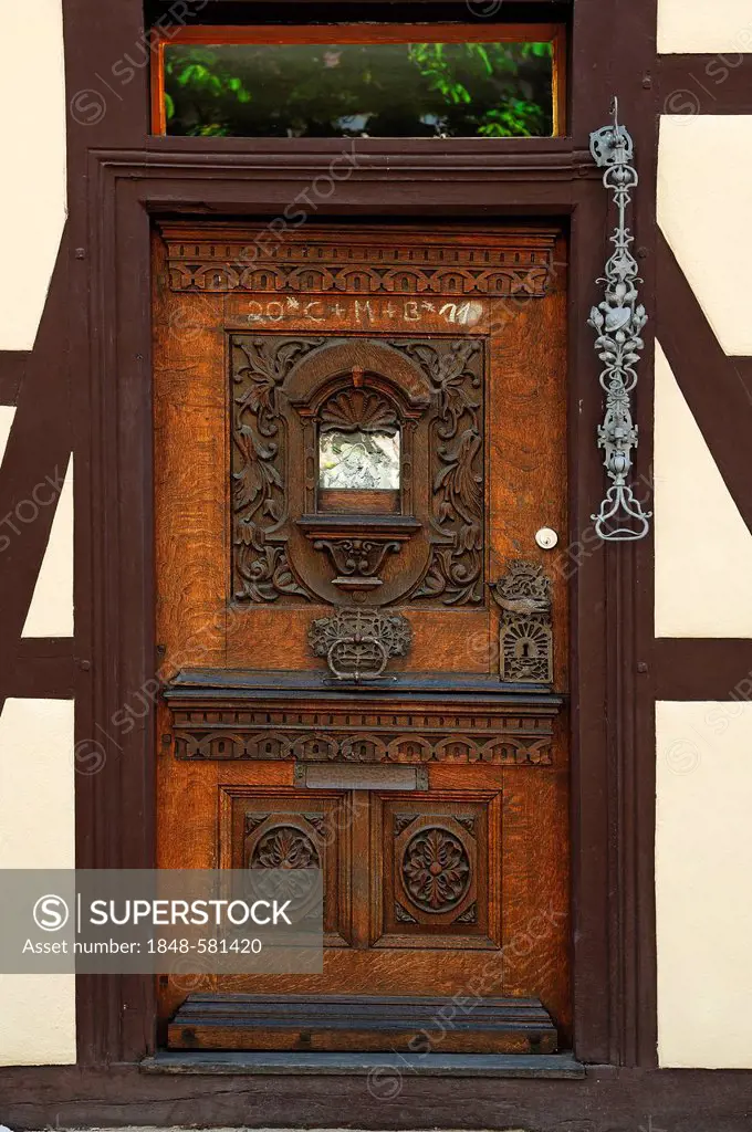 Elaborately carved entrance door with bell chain, c 1500, birthplace of mathematician Regiomantanus, 1436-1476, Salzmarkt street, Koenigsberg, Lower F...
