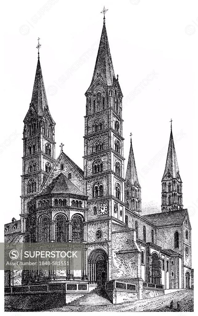 Historical graphic representation, Bamberg Cathedral, Germany, 11th Century, from Meyers Konversations-Lexikon encyclopaedia, 1889