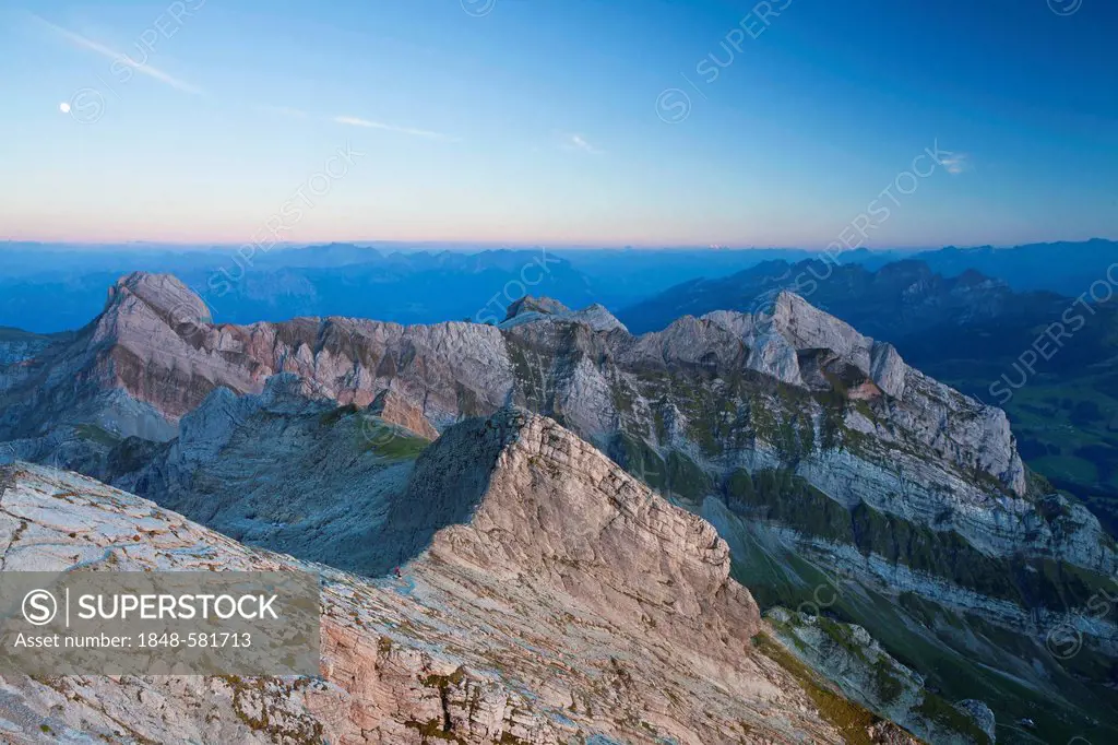 Twilight with moon in the Alpstein Range, from Mt Saentis, Appenzell region, Swiss Alps, Switzerland, Europe, PublicGround