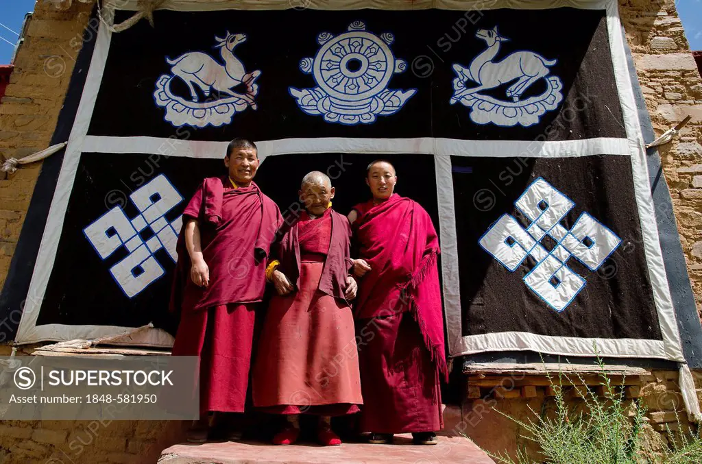 Three Tibetan Buddhist nuns, a younger, a middle-aged and a 70-year-old woman in red monks' robes in front of the Tibetan Buddhist symbols at the mona...