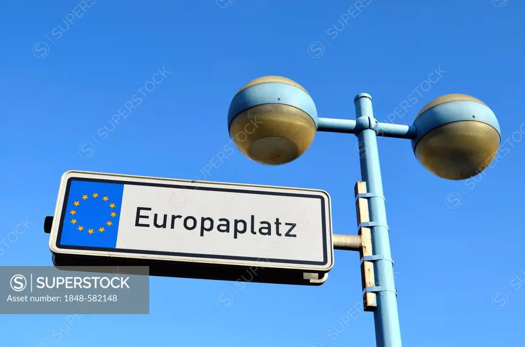 Europaplatz, street sign with European flag, Dorsten, Ruhr Area, North Rhine-Westphalia, Germany, Europe