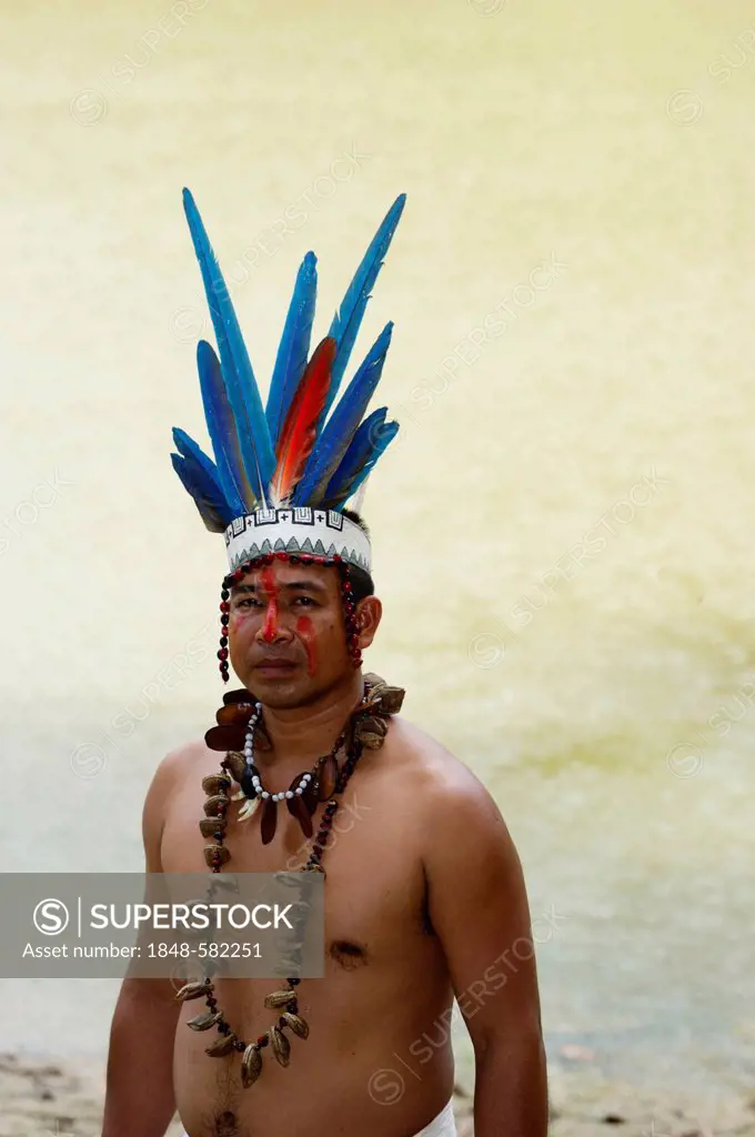 Guillermo Rodriguez Gomez, shaman of the Bora tribe, wearing macaw feather headdress worn during shamanic ceremonies, northern Amazon Basin, Peru, Sou...