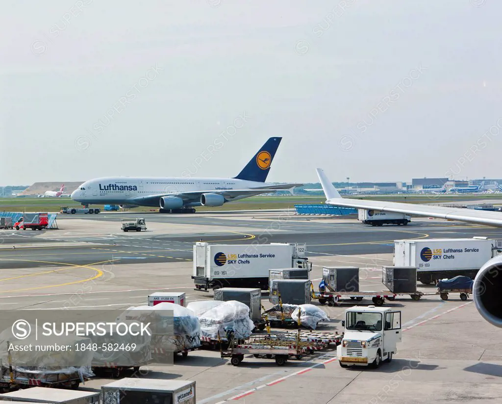 Lufthansa Airbus A380 on the tarmac, Frankfurt, Hesse, Germany, Europe