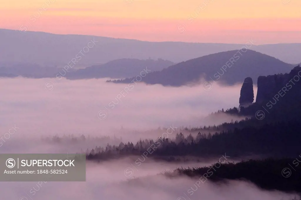 Fog in the Elbe Sandstone Mountains, view of Blossstock rock, Saxony, Germany, Europe