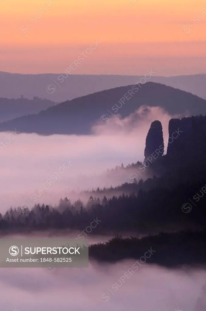 Fog in the Elbe Sandstone Mountains, view of Blossstock rock, Saxony, Germany, Europe