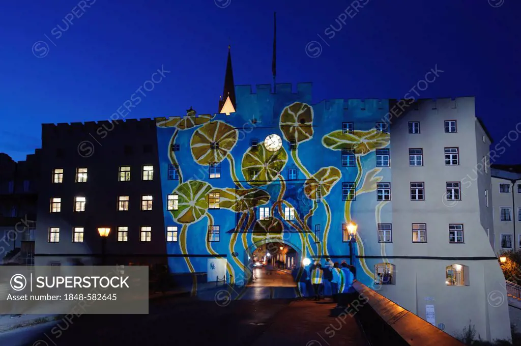 Wasserburg leuchtet lights show, Stadttor gate, Wasserburg am Inn, Upper Bavaria, Bavaria, Germany, Europe