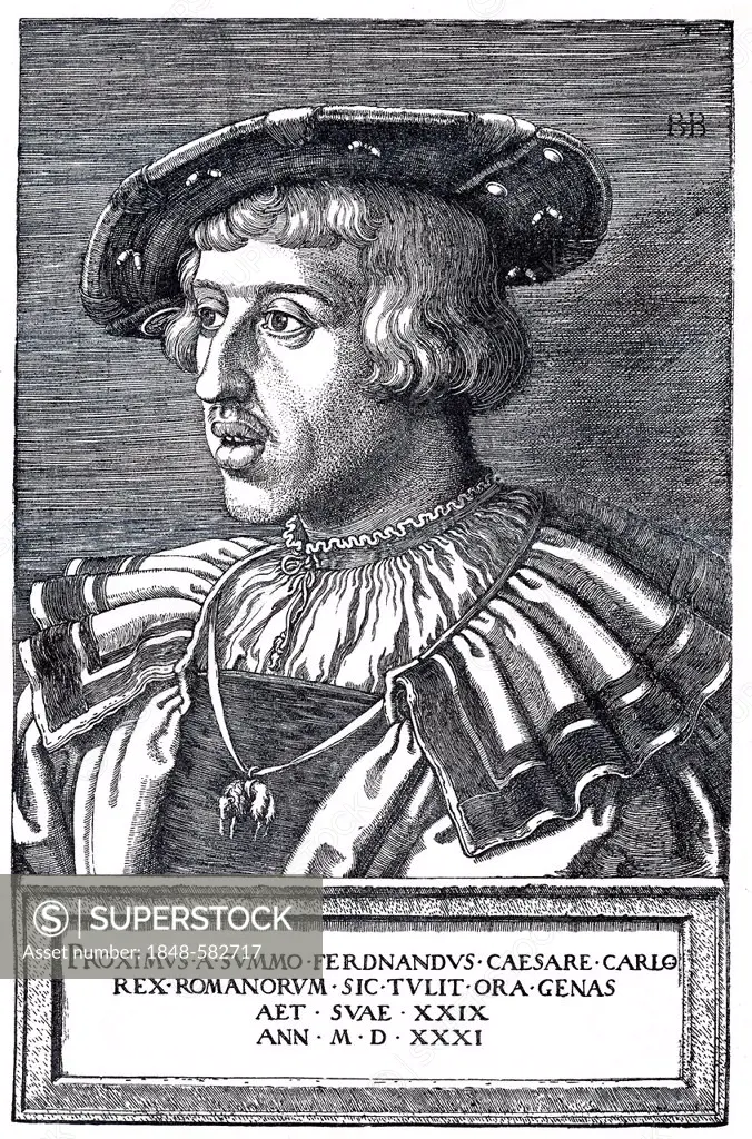 Emperor Ferdinand I, 1503 - 1564, copper engraving by Barthel Beham, dating from 1531