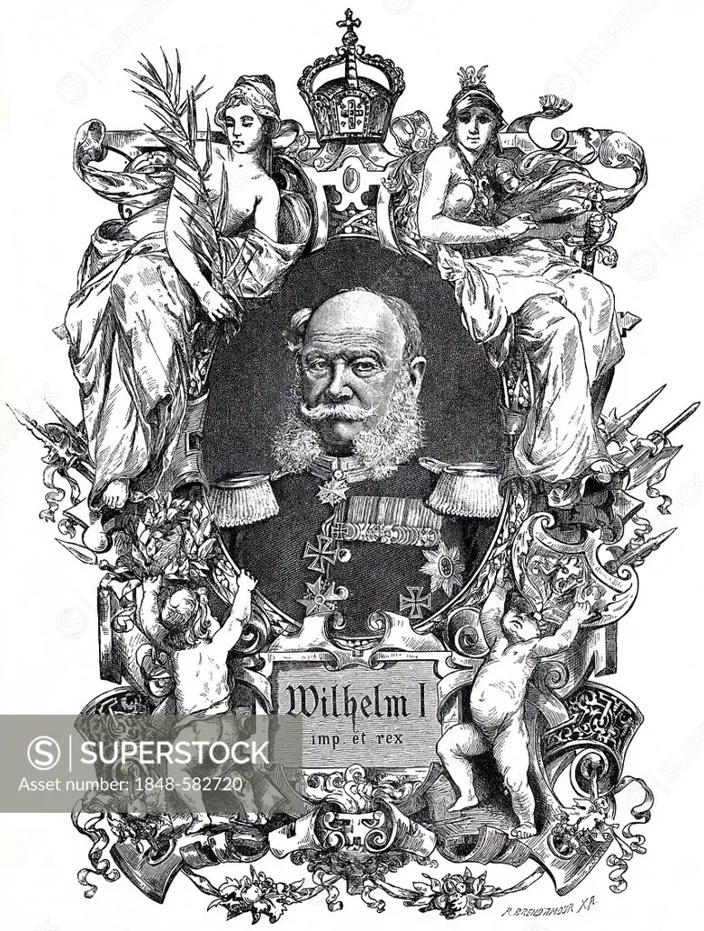 Wilhelm I, Wilhelm Friedrich Ludwig of Prussia, 1797 - 1888, historical copper engraving from the 19th Century