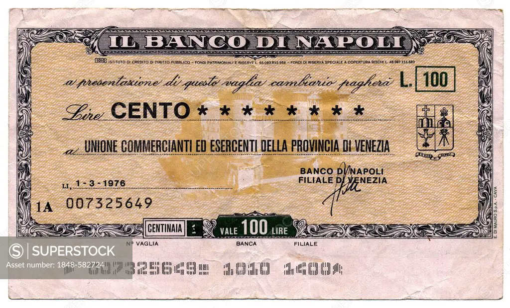 Il Banco di Napoli, Naples, Miniassegno, Italian bank transfer, money order, check with a low value, a kind of emergency paper money, 100 Lire, 1976, ...