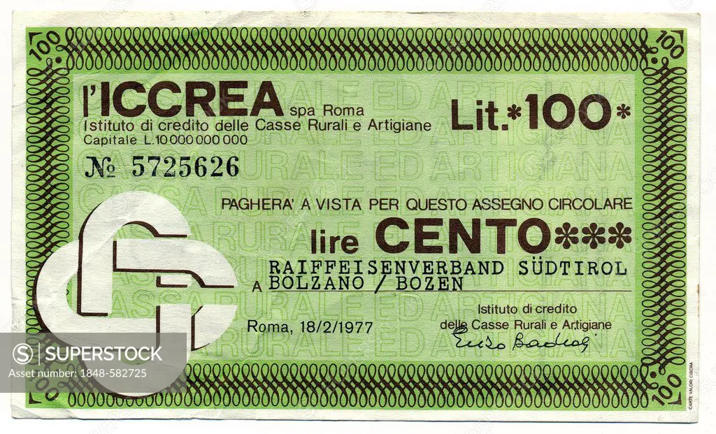 ICCREA Spa Roma, Raiffeisen Association of South Tyrol, Bolzano, Bolzano, Miniassegno, Italian bank transfer, money order, check with a low value, a k...