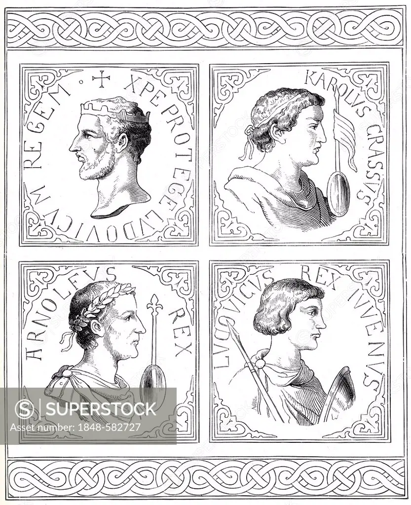 The sons of Louis the Pious, king of the Frankish kingdom, Louis the German, Louis II, Ludovicus II, 806 - 876, Carloman, Louis the Younger and Charle...