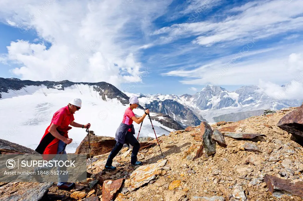 Mountain climbers during the ascent to Vertainspitze Mountain, Ortler region, looking towards the Koenig and Zebru mountains, Alto Adige, Italy, Europ...