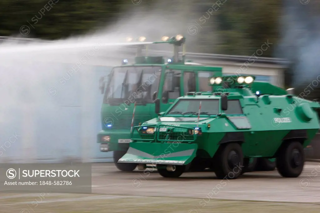 Special armored vehicle during a police training mission with a vehicle with water cannons, North Rhine-Westphalia, Germany, Europe