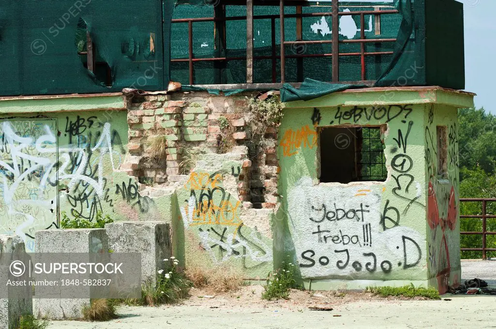 Dilapidated building with graffiti, Devin Castle, Bratislava, Slovakia, Europe