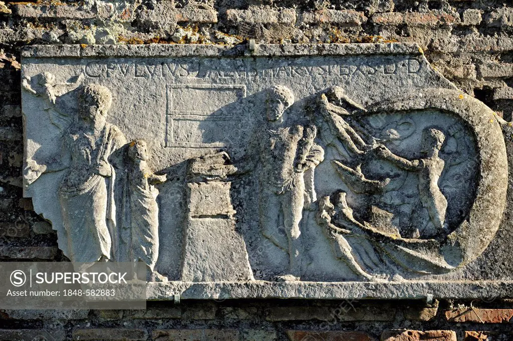 Roman stone relief, Ostia Antica archaeological site, ancient port city of Rome, Lazio, Italy, Europe
