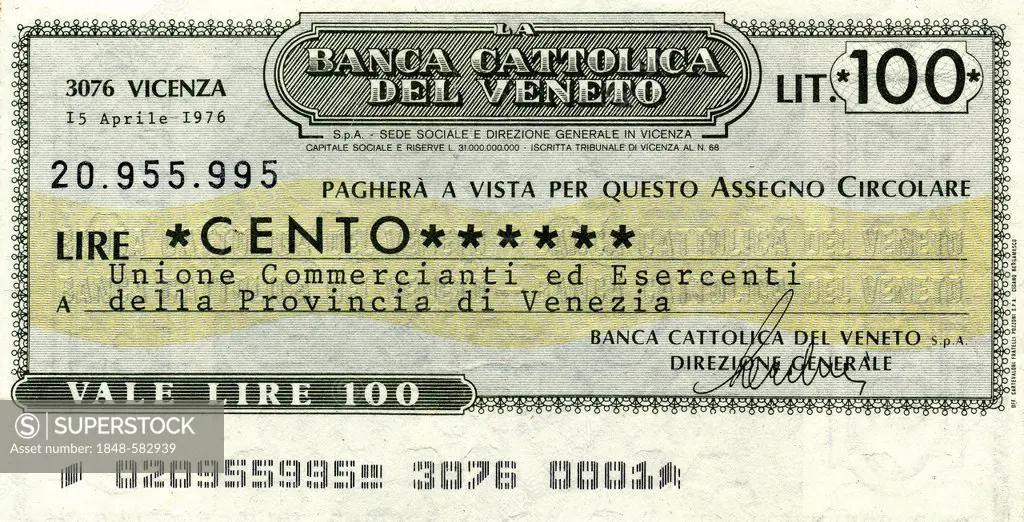 Banca Cattolica del Veneto, Vicenza, Miniassegno, Italian bank transfer, money order, check with a low value, a kind of emergency paper money, 100 Lir...