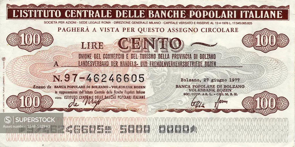 Instituto Centrale delle Banche popolari L'Italiane, Bolzano, Miniassegno, Italian bank transfer, money order, check with a low value, a kind of emerg...